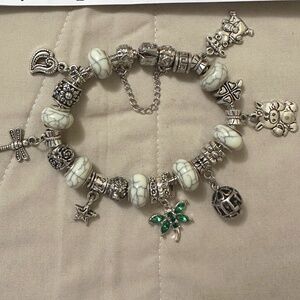 Handmade-NWOT-925 SS plated charm bracelet, white crackled beads, charm variety